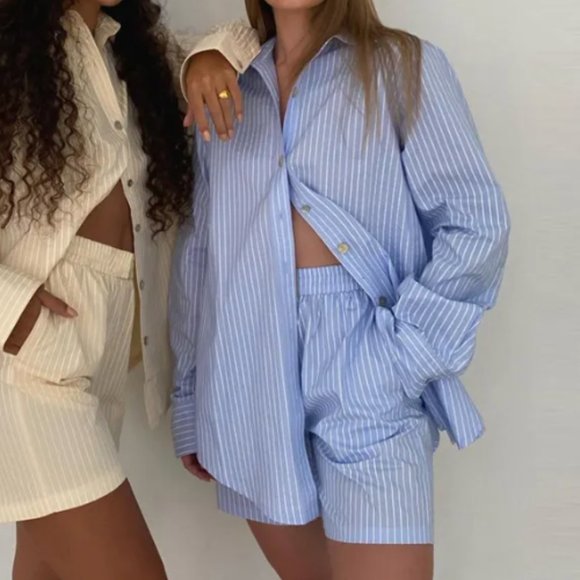 Blue Striped 2-Piece Long Sleeve Shorts Set - Size Small - NWT - Picture 4 of 6